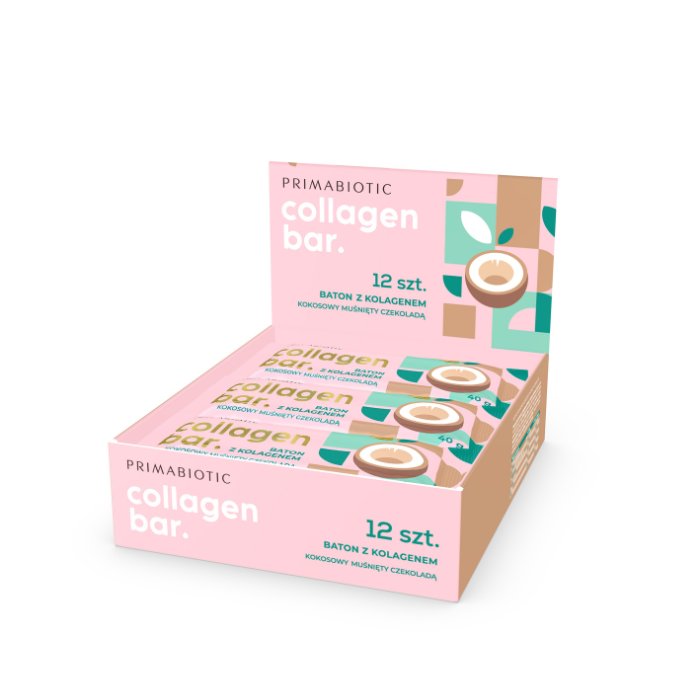 Primabiotic, Collagen bar, Baton kokosowy z kolagenem muśnięty czekoladą, 12 x 40 g