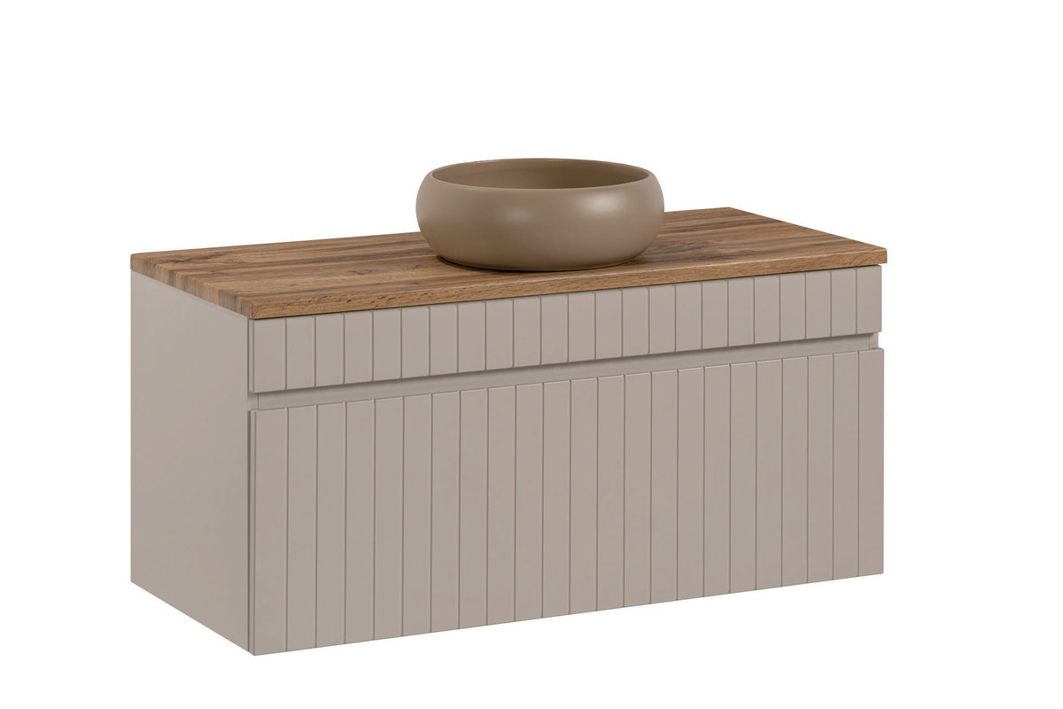 Kaszmirowa Szafka Łazienkowa Wisząca Z Umywalką Nablatową 100 Cm Ryflowany Front Szuflady