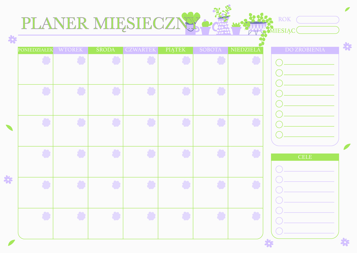 Miesięczny planer magnetyczny 20x30 cm z markerem kwiatki zielono fioletowy