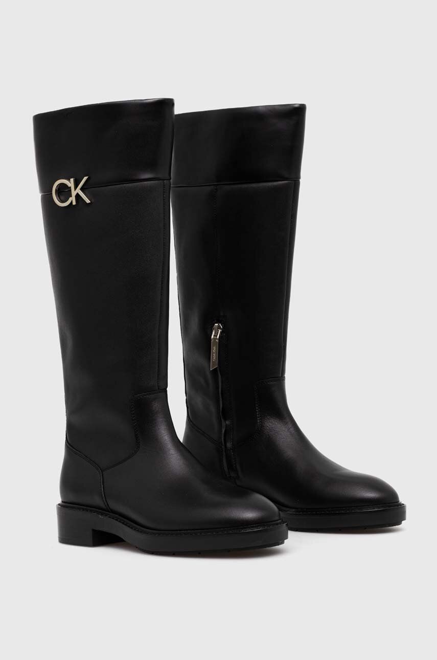 Calvin Klein kozaki RUBBER SOLE KNEE BOOT W/HW damskie kolor czarny na płaskim obcasie HW0HW01689