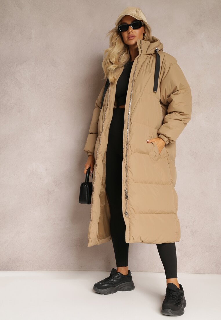 Ciemnobeżowa Długa Kurtka Pikowana Płaszcz z Kapturem Serea