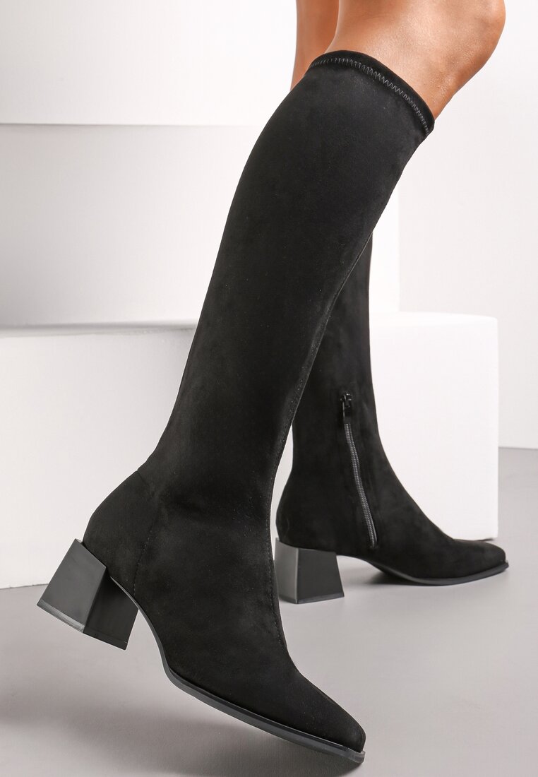 Czarne Kozaki na Słupku z Imitacji Zamszu Haziela