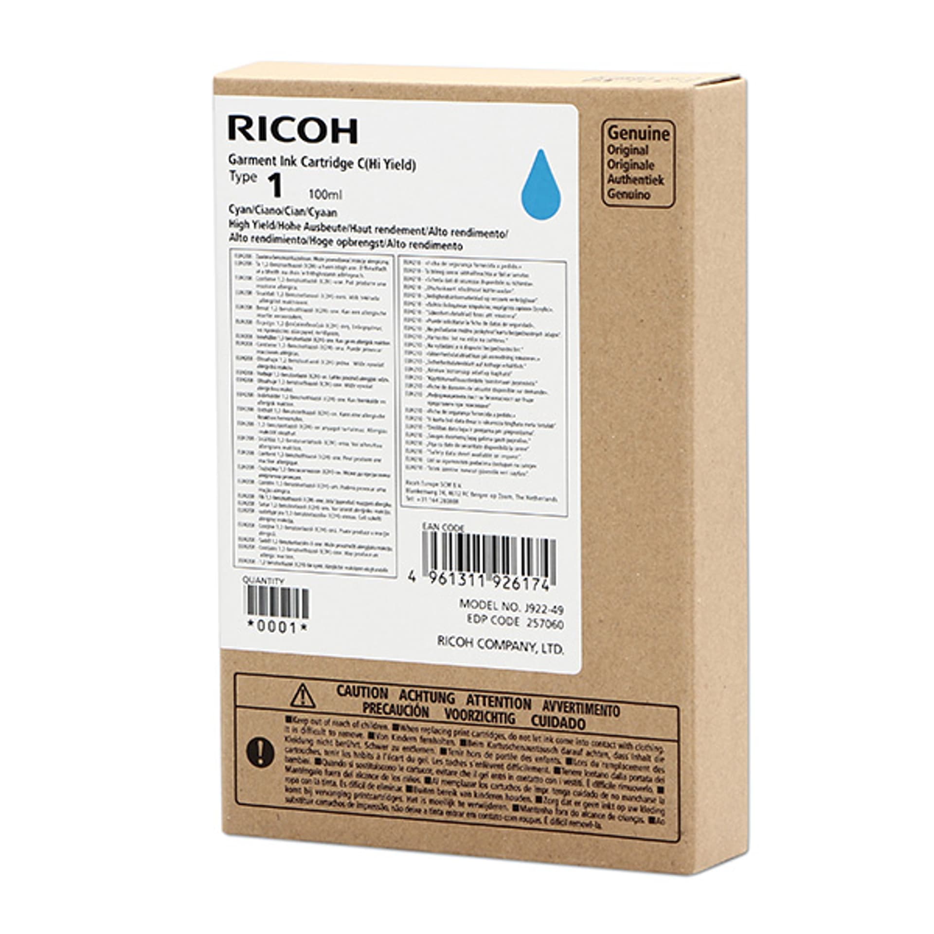 Ricoh oryginalny ink (DTG) typ 100, cyan, 500s, 100ml, 257060, Ricoh Ri 100 DTG