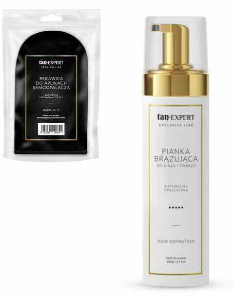 Zestaw TanExpert Magic Mitt Rękawica Do Aplikacji Samoopalacza + Tan Expert New Definition Exclusive Line Pianka Brązująca 200ml