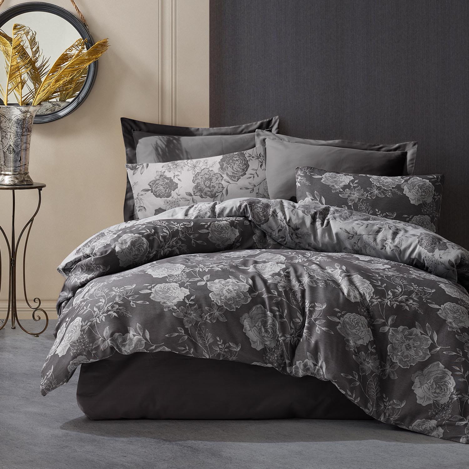 Pościel żakardowa 220x200 Flory Dark Grey - bawełna Darymex
