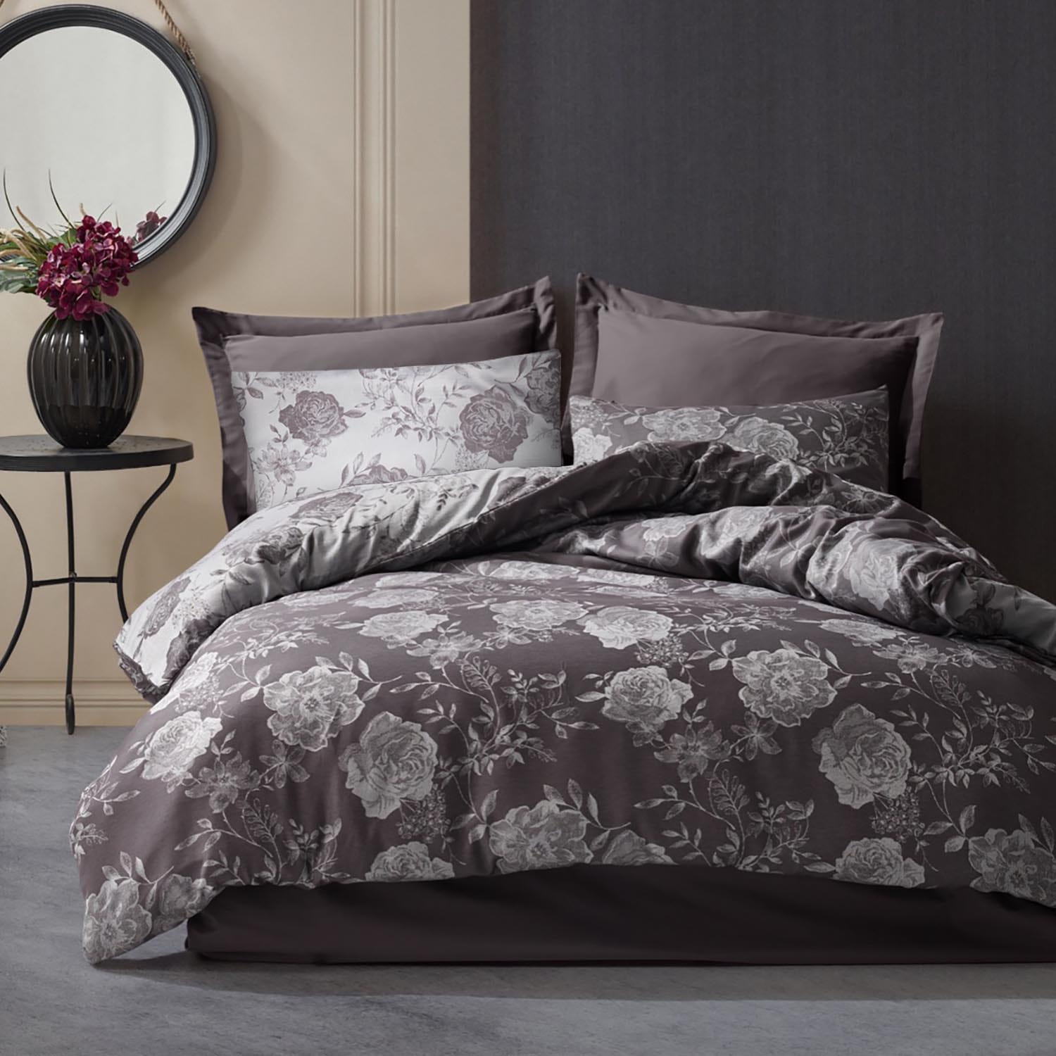 Pościel żakardowa 160x200 Flory Anthracite - bawełna Darymex