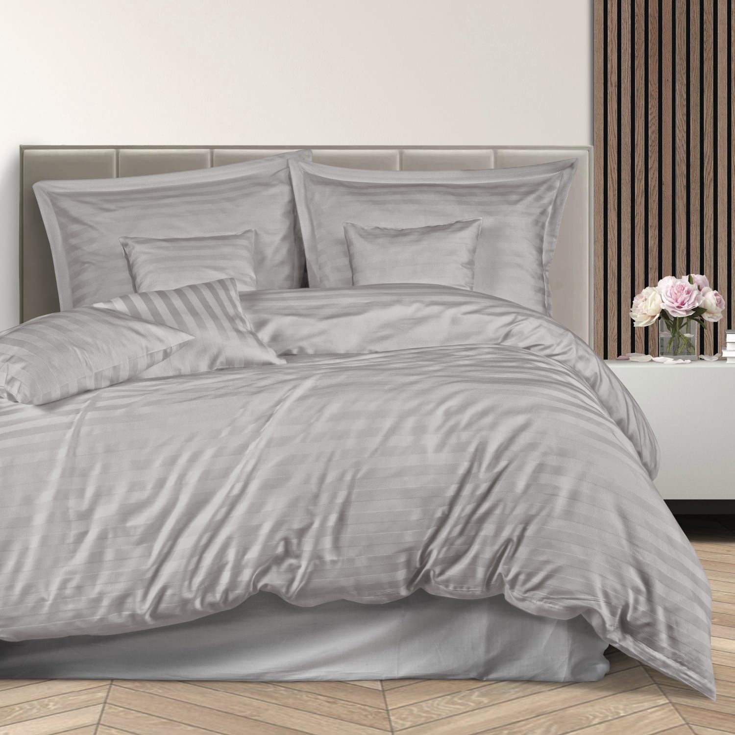 Pościel 160x200 bambusowa 7 el. Stripe szara w pudełku