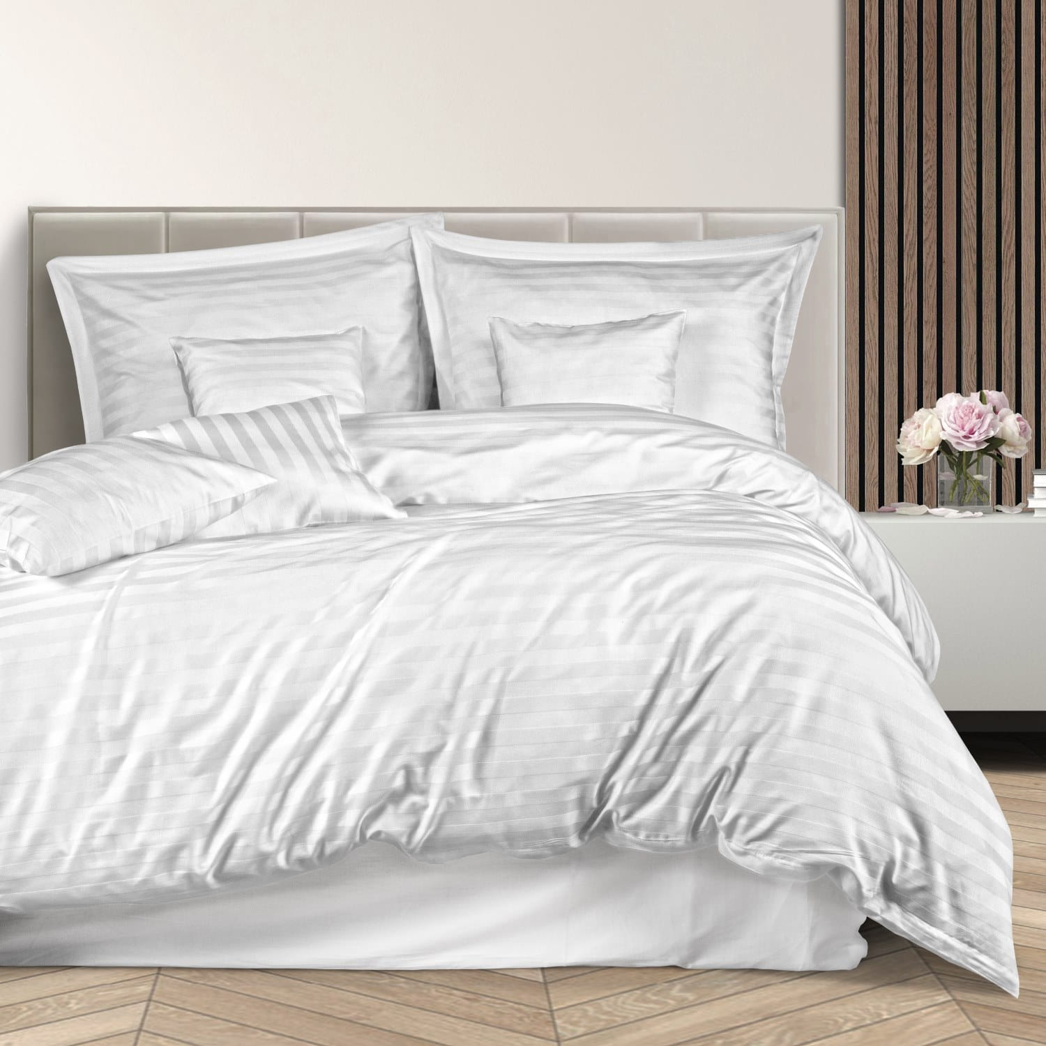 Pościel 160x200 bambusowa 7 el. Stripe biała w pudełku