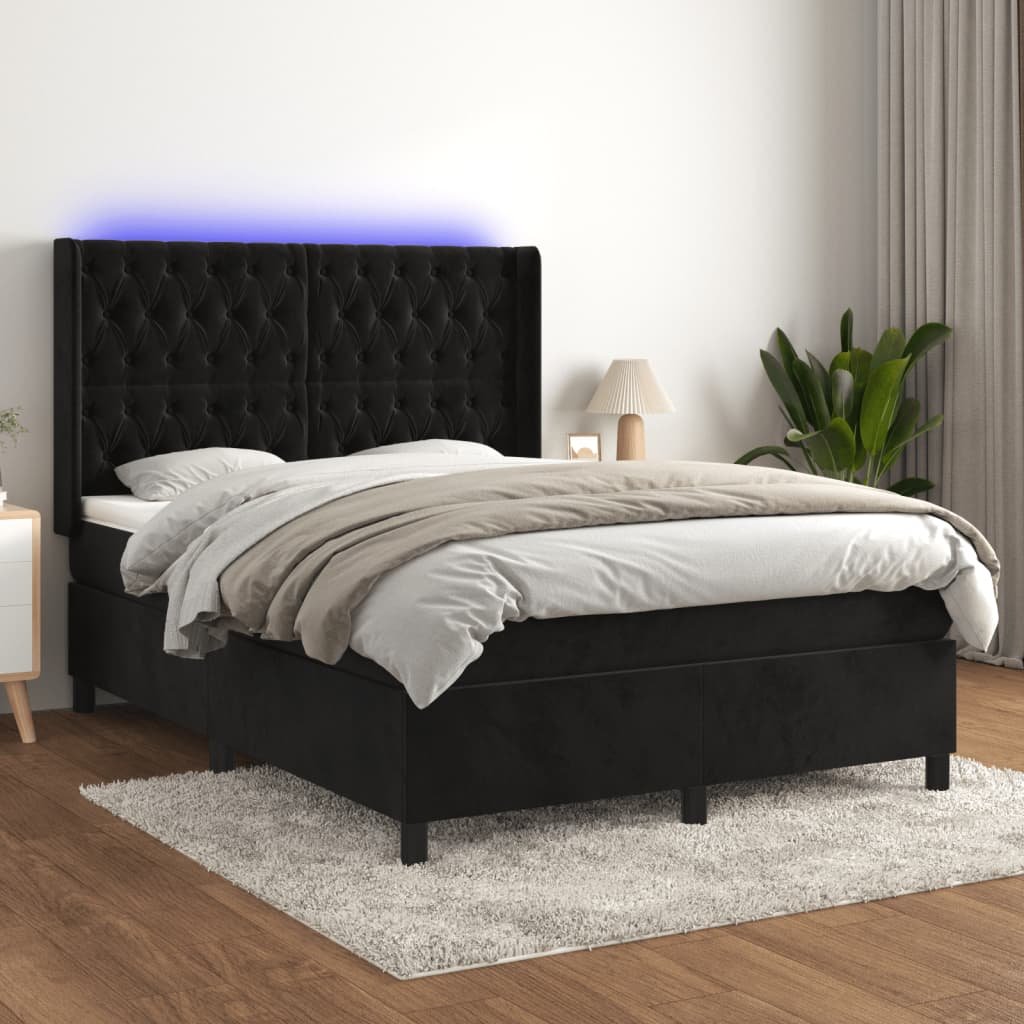 vidaXL Łóżko kontynentalne z materacem i LED, czarny aksamit 140x200cm