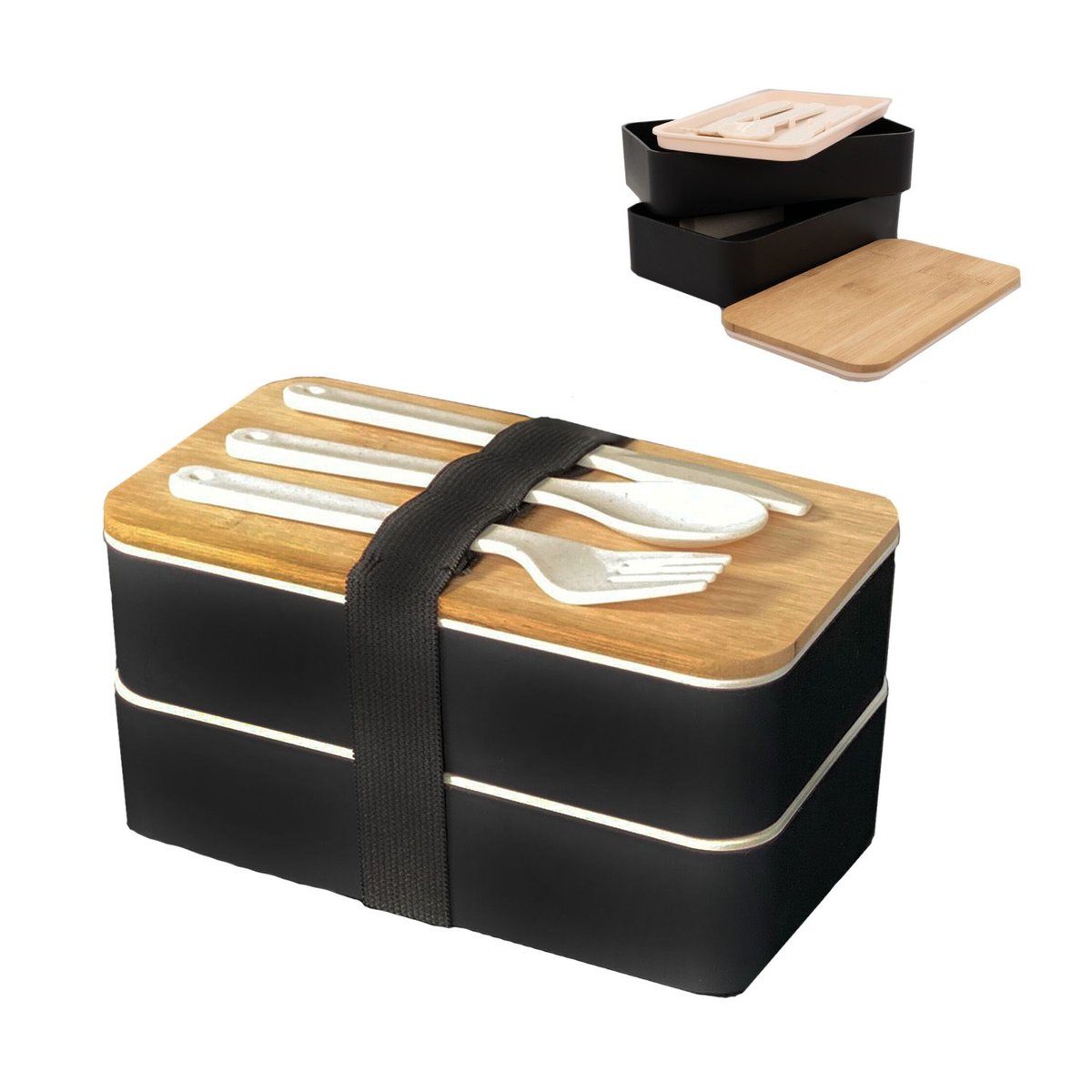 Pudełko na lunch Bento Box z 3 przegródkami i sztućcami w kolorze Czarnym Pojemnik na chleb Pudełko na lunch