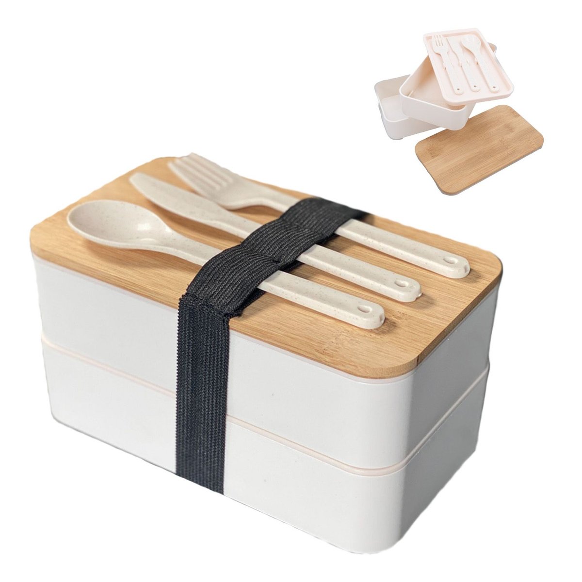 Pudełko na lunch Bento Box z 3 przegródkami i sztućcami w kolorze Białym Pojemnik na chleb Pudełko na lunch