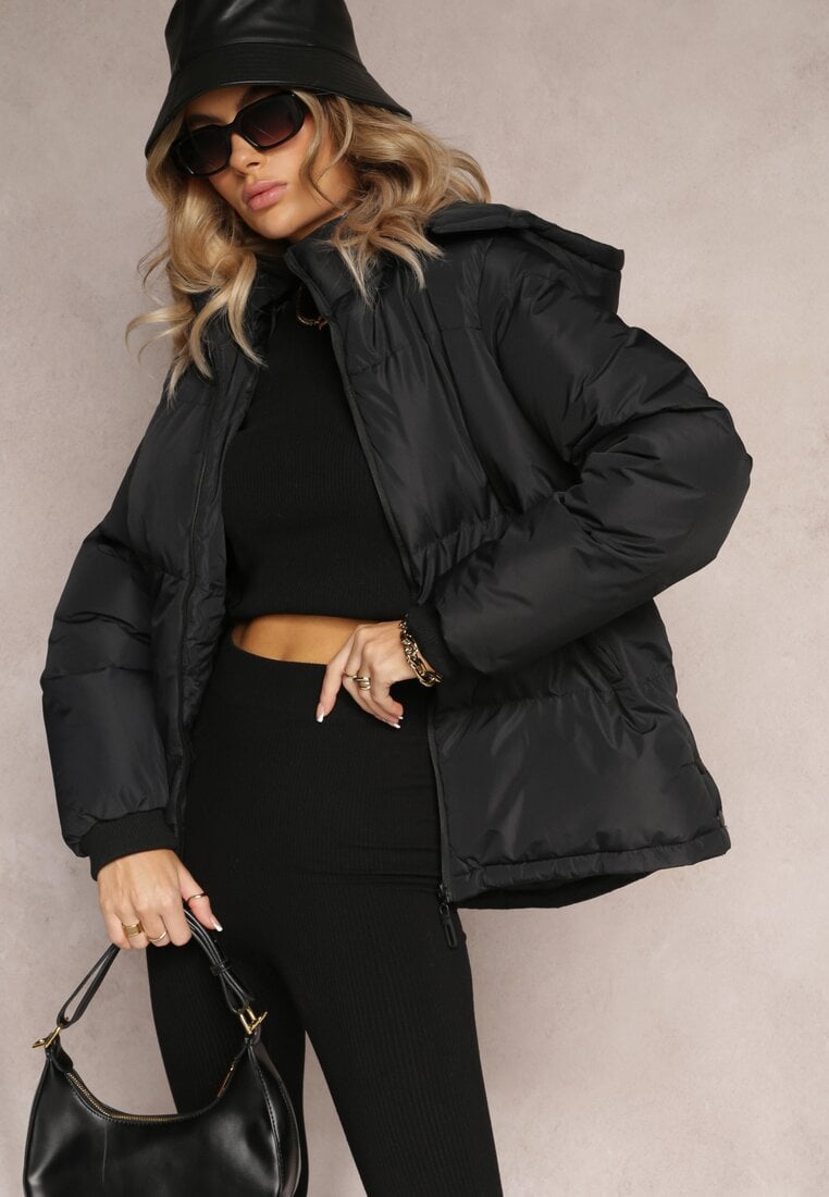 Czarna Pikowana Kurtka z Odpinanym Kapturem Lucane