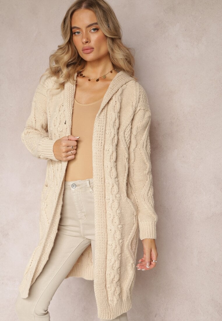 Beżowy Kardigan o Długim Fasonie z Kapturem i Kieszeniami Oricyna