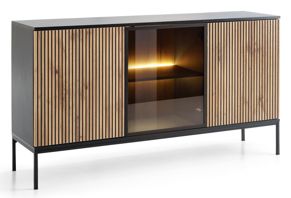 CZARNA Komoda SZEROKA 154 cm Loftowa Szkło LED FREZOWANY FRONT Dąb WOTAN