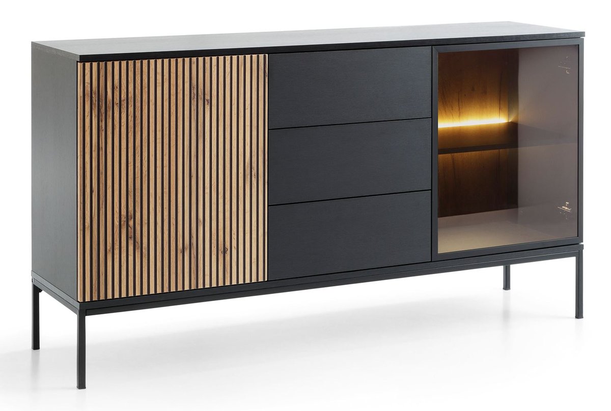 CZARNA Komoda 154 cm Szeroka z SZUFLADAMI Loft LED FREZOWANY FRONT Dąb WOTAN