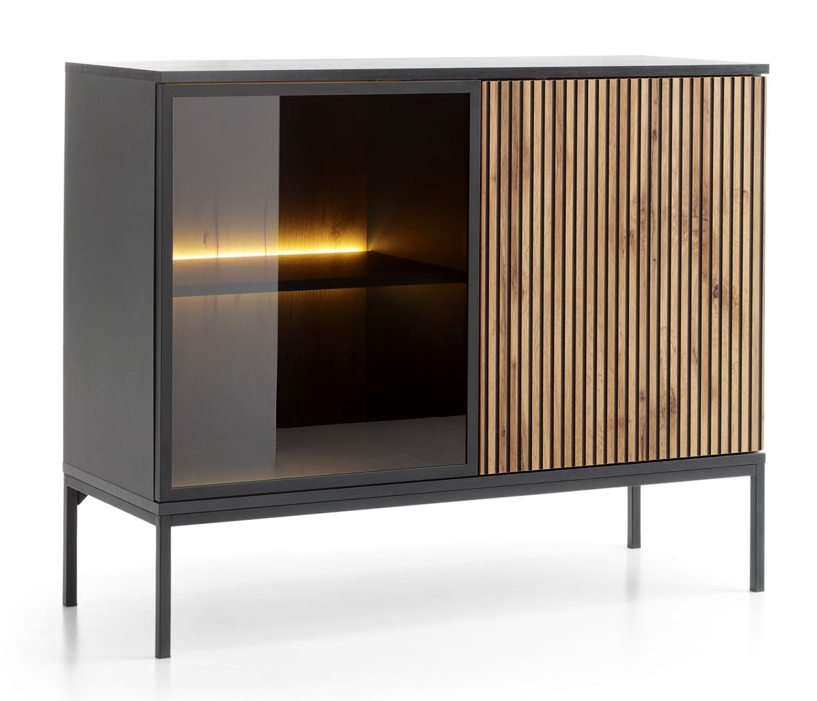 CZARNA Komoda 104 cm Lamele Szklo Oświetlenie LED FREZOWANY FRONT Dąb WOTAN