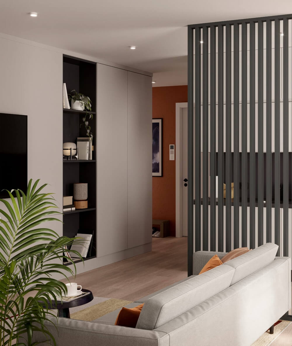 275x51x7 cm LD (grafit) ścianka z lameli wolnostojących - aranżacja ażurowa 3D