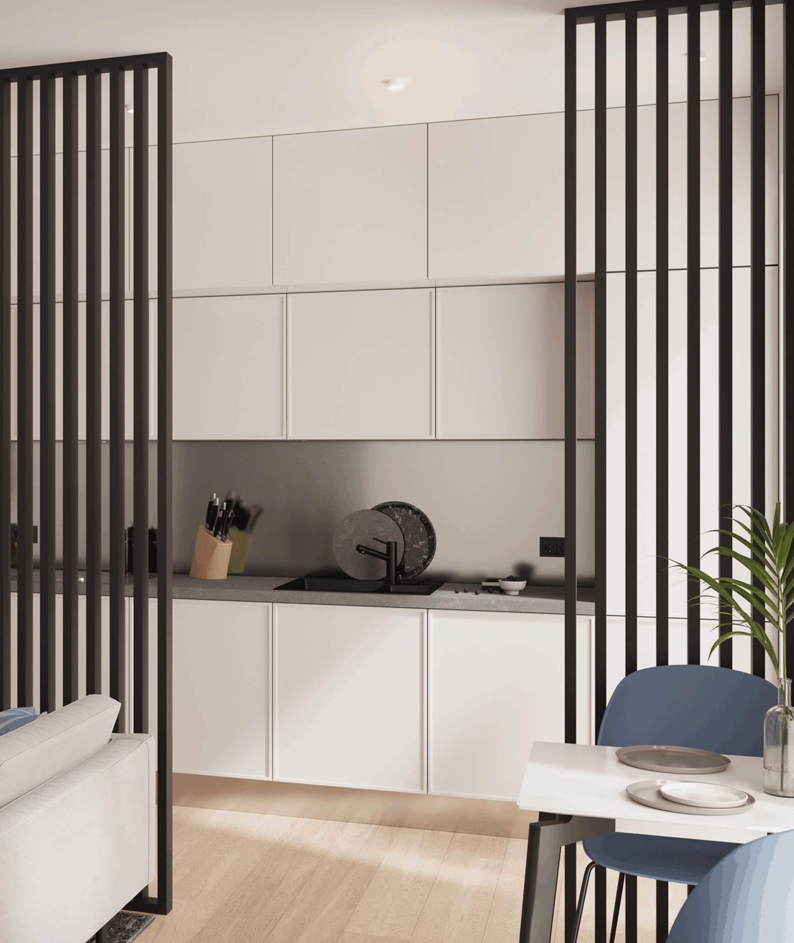 275x51x7 cm LD (czarny mat) ścianka z lameli wolnostojących - aranżacja ażurowa 3D