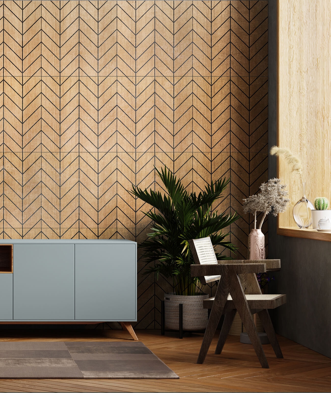 60x60x1,1 cm LD (Jodełka) panel frezowany MDF fornir dębowy - ozdobna dekoracja ścienna 3D