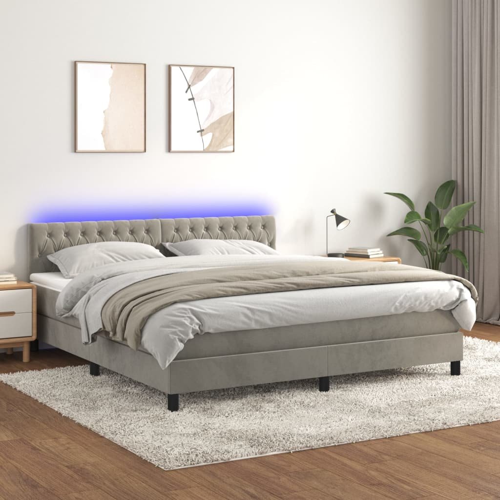 vidaXL Łóżko kontynentalne z materacem i LED, szare 180x200cm, aksamit