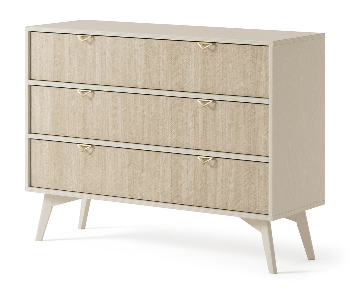 BEŻOWA Komoda 106 cm FRONT JODEŁKA 3 Szuflady Nóżki DREWNIANE Uchwyty METALOWE