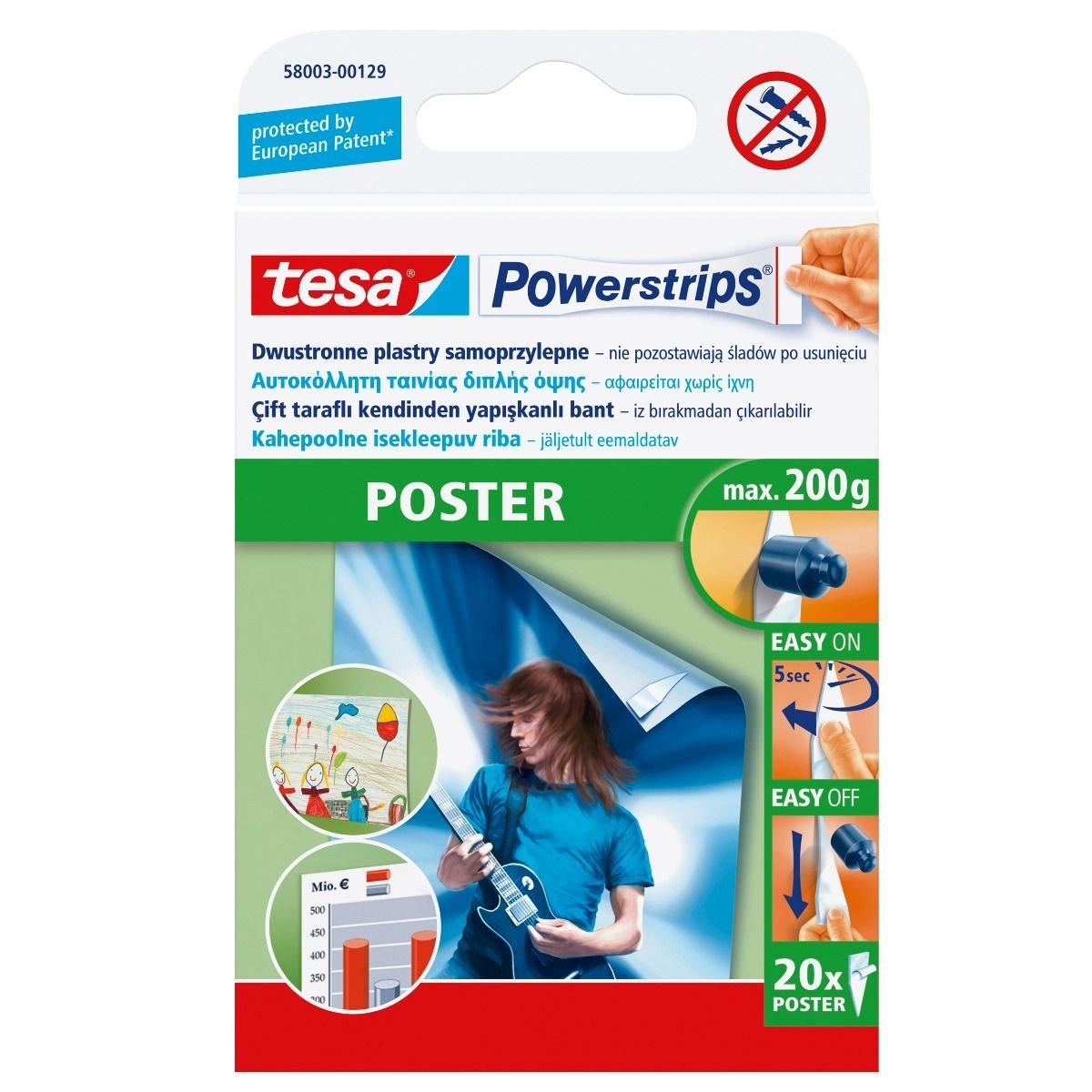 Tesa Plastry samoprzylepne dwustronne Powerstrips Poster 20 szt.