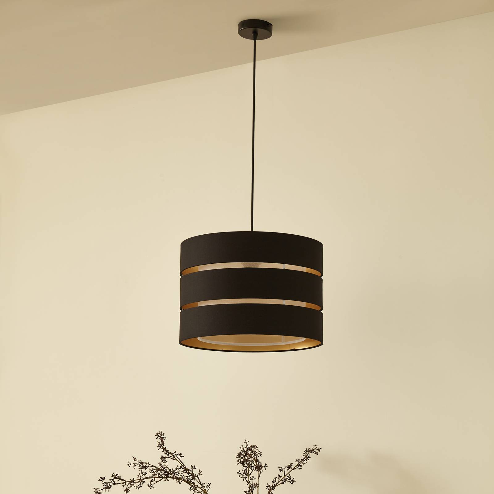 Lampa wisząca Lindby Tsomo, Ø 40 cm, czarna, tkanina, E27