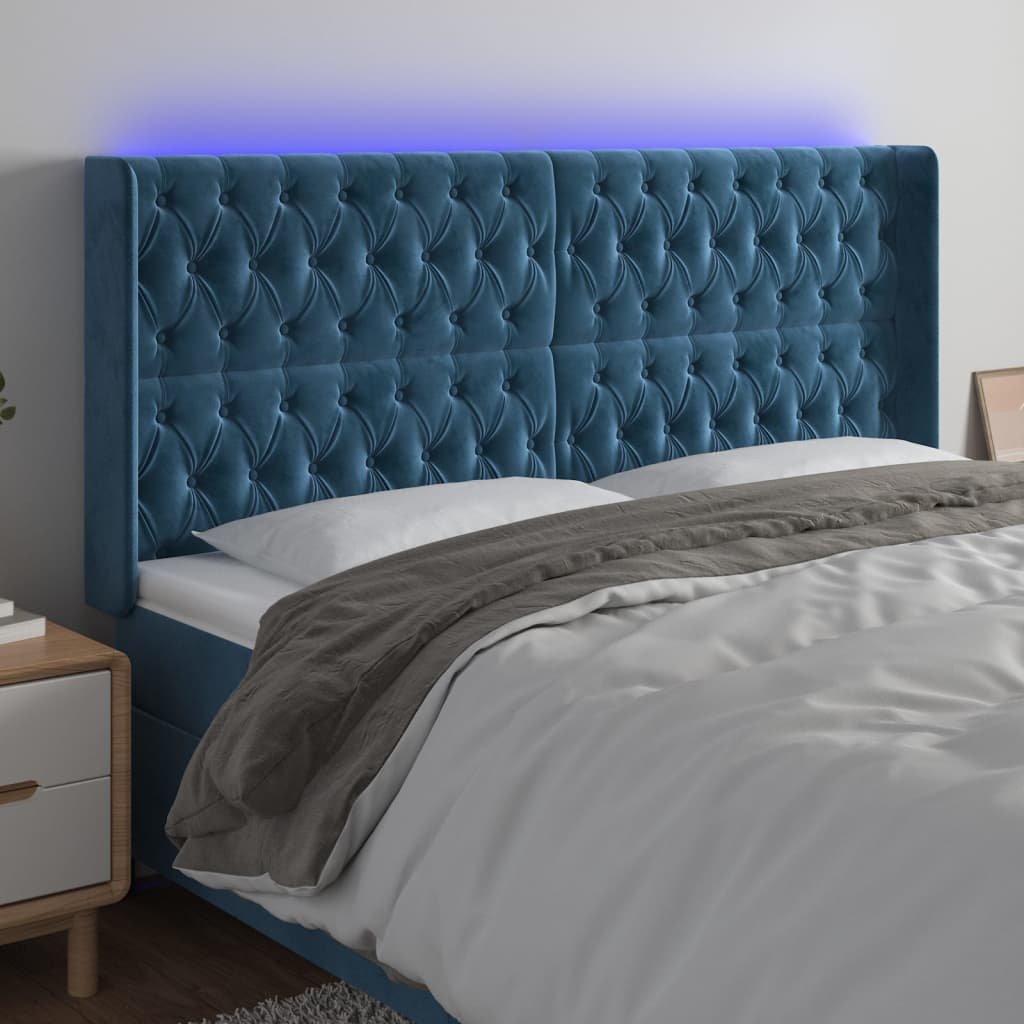 vidaXL Zagłówek do łóżka z LED ciemnoniebieski, 183x16x118/128 cm