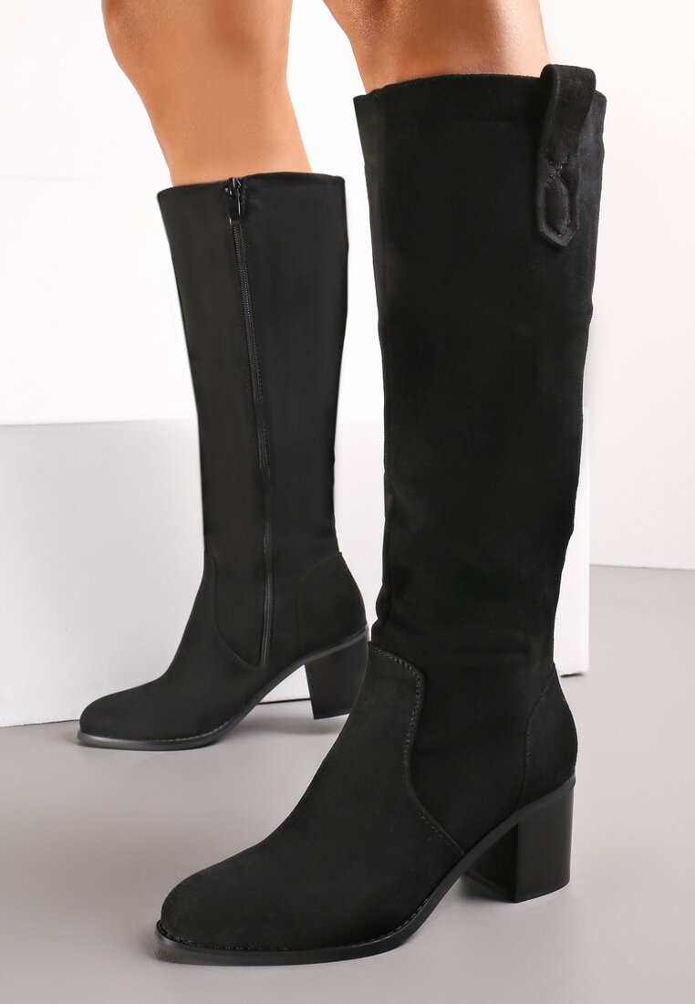 Czarne Kozaki na Klasycznym Słupku z Imitacji Zamszu Misokse