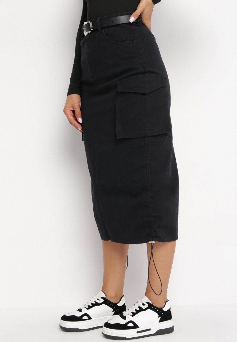 Czarna Spódnica Cargo Midi ze Ściągaczami i Paskiem Elsane
