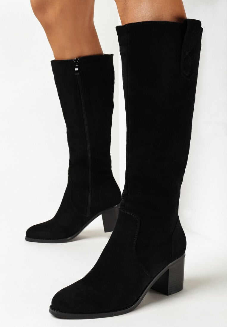 Czarne Kozaki Przed Kolano z Imitacji Zamszu na Słupku Sinojesa