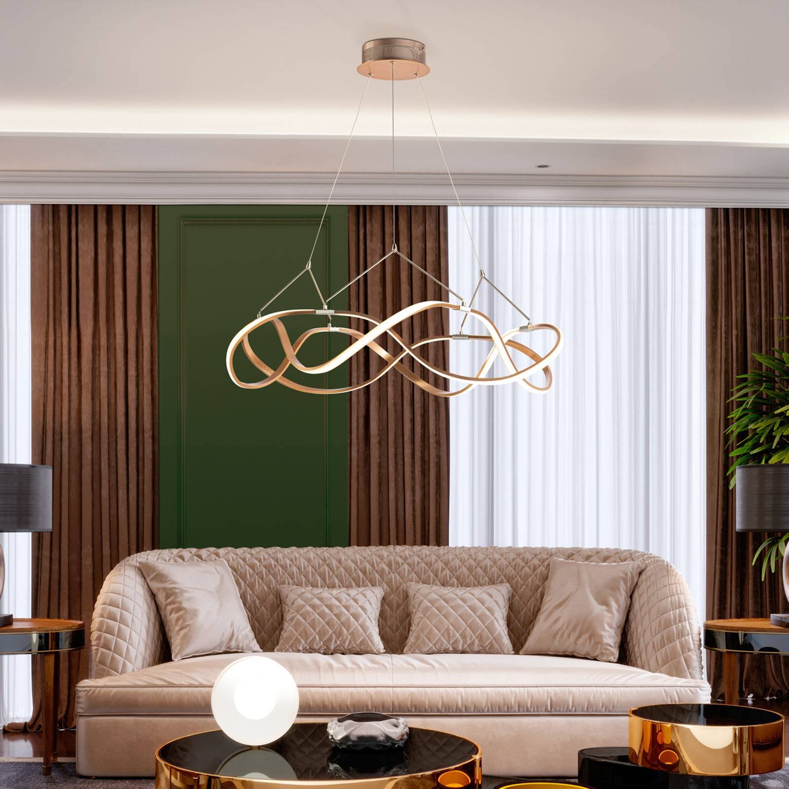 Schuller Valencia Żyrandol LED Molly, pilot, Ø80cm, różowe złoto