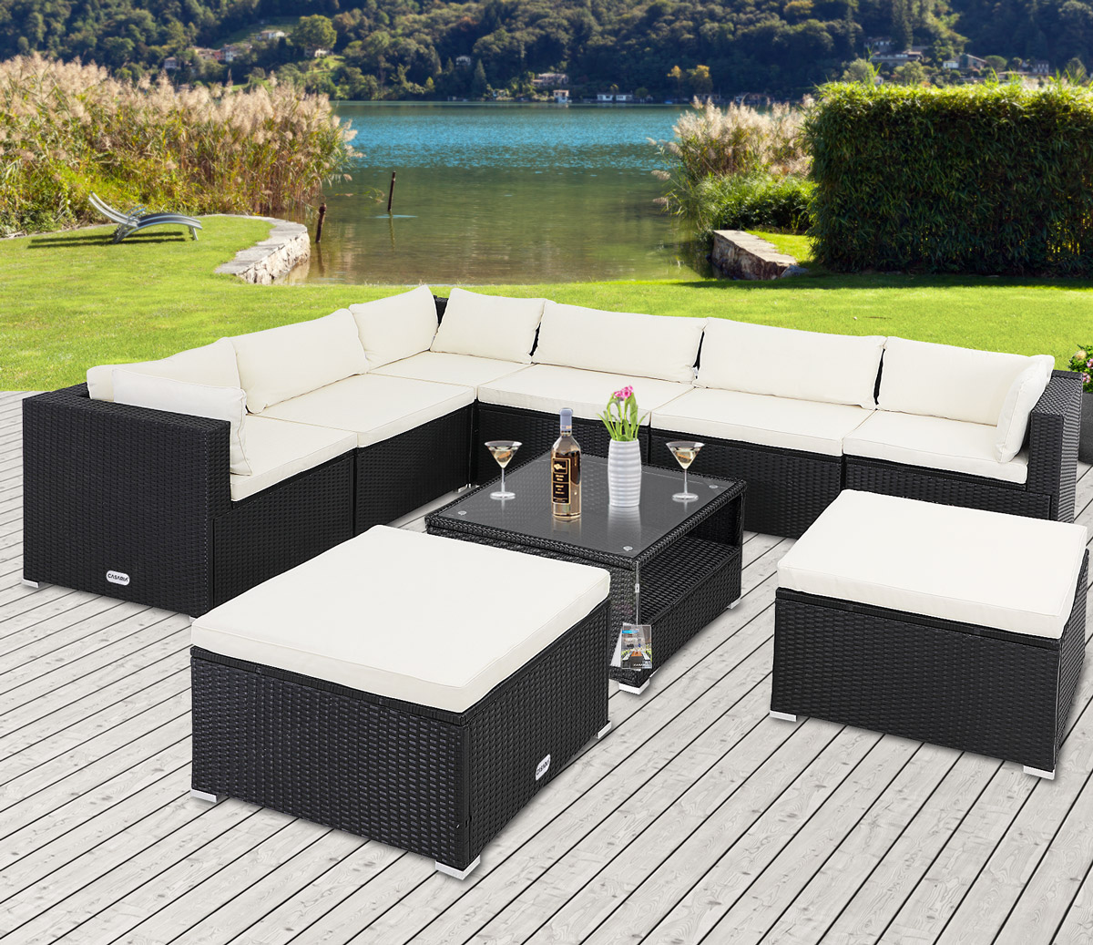 Narożnik Polyrattan Lounge XXL czarny/kremowy z poduszkami