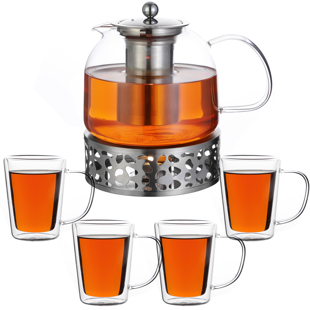 Szklany imbryk 1,5 l z podgrzewaczem, zestaw 4 szklanek do herbaty