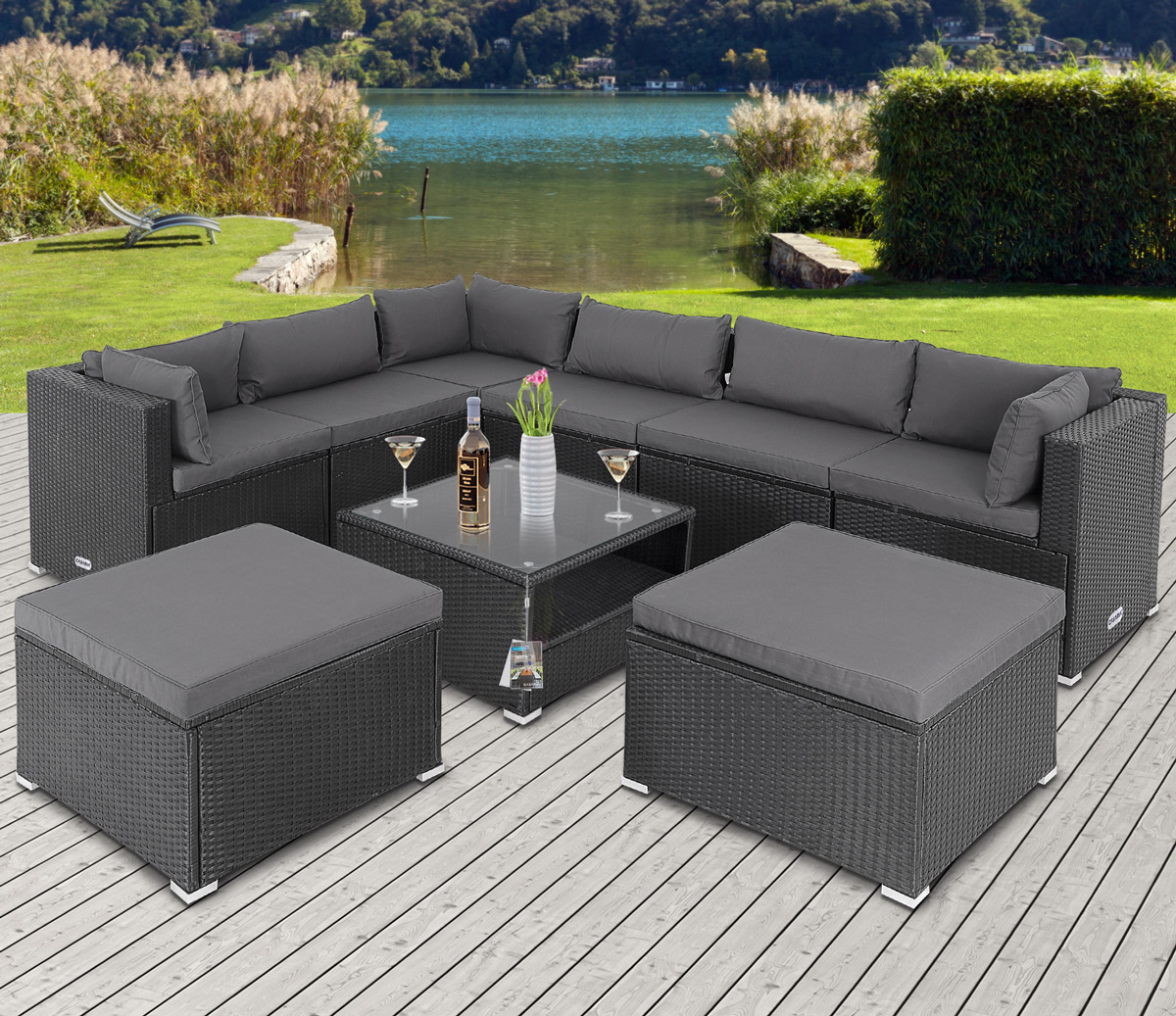 Narożnik Polyrattan Lounge XXL czarny/antracytowy z poduszkami