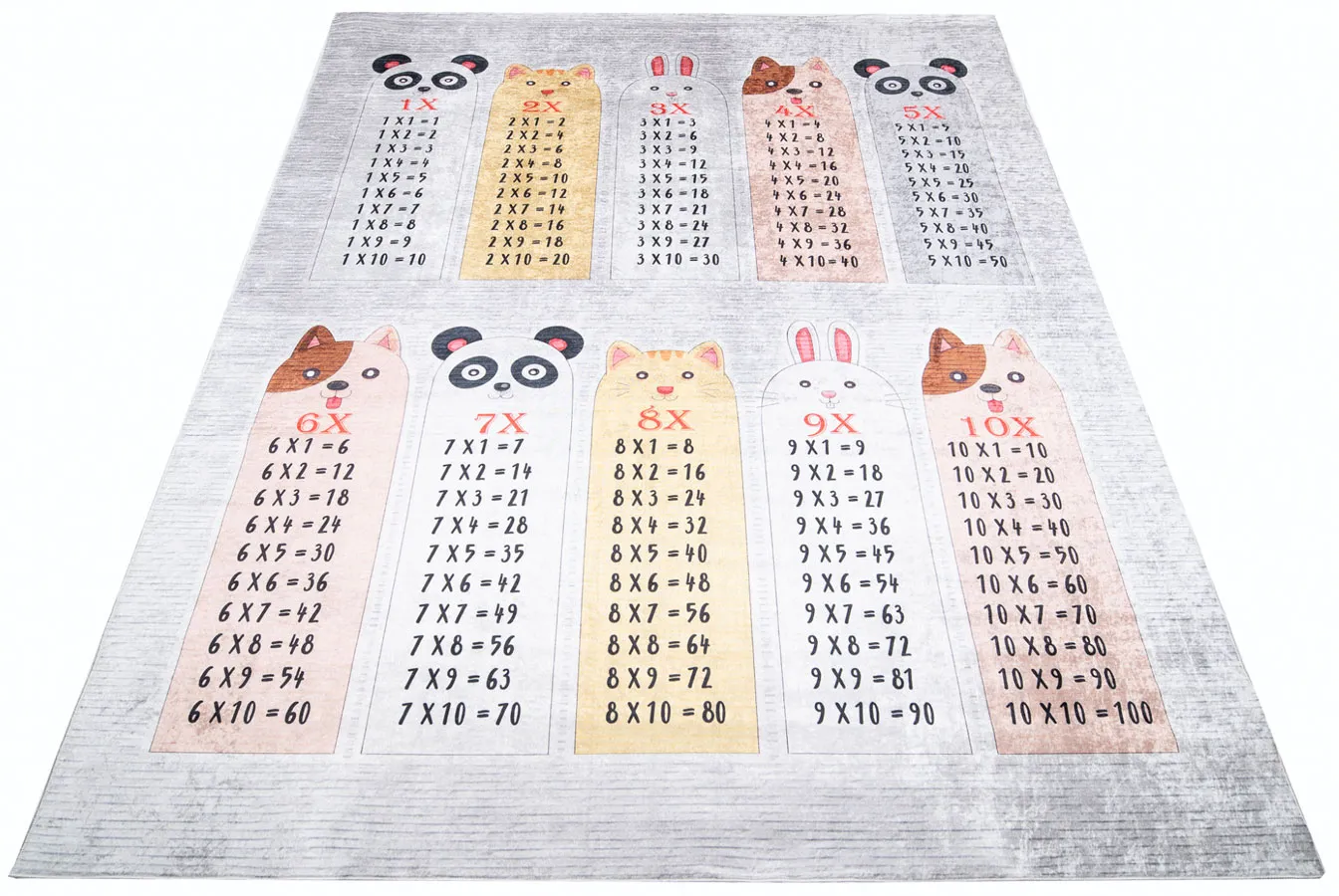 Szaro-kolorowy dywan edukacyjny z tabliczką mnożenia F5-D14