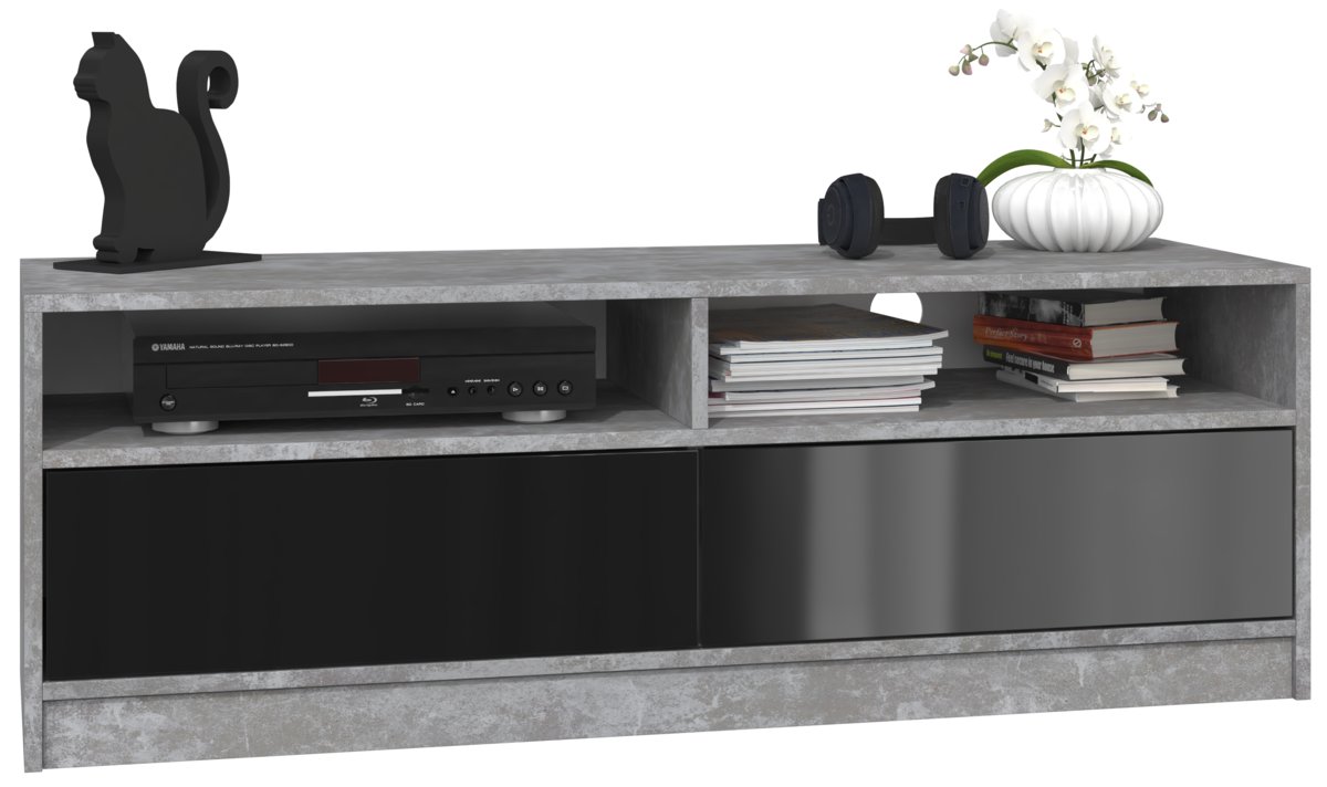 TOPESHOP RTV DEKO STOLIK SZAFKA RTV KARO 120CM BETON CZERŃ POŁYSK