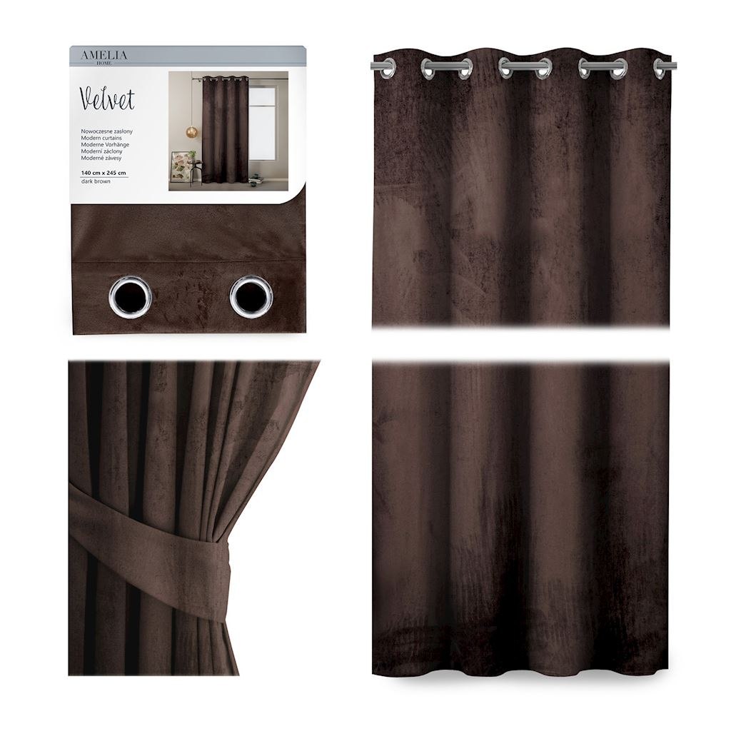 Zasłona VELVET kolor brązowy styl klasyczny przelotki srebrne velvet 140x245 ameliahome - CURT/AH/VELVET/EYELETS/D.BROWN/140X245