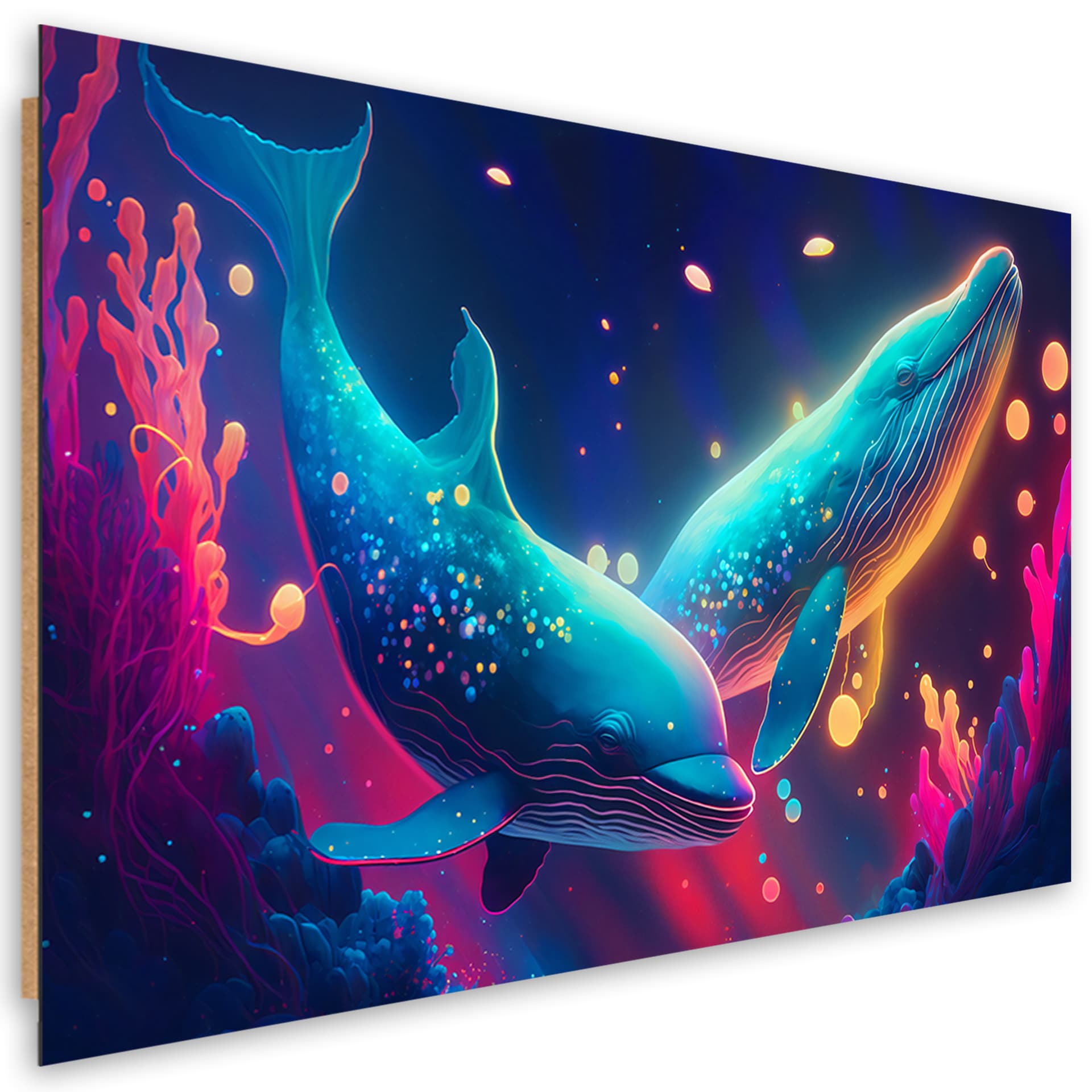 Obraz deco panel, Neonowe wieloryby pod wodą (Rozmiar 60x40)