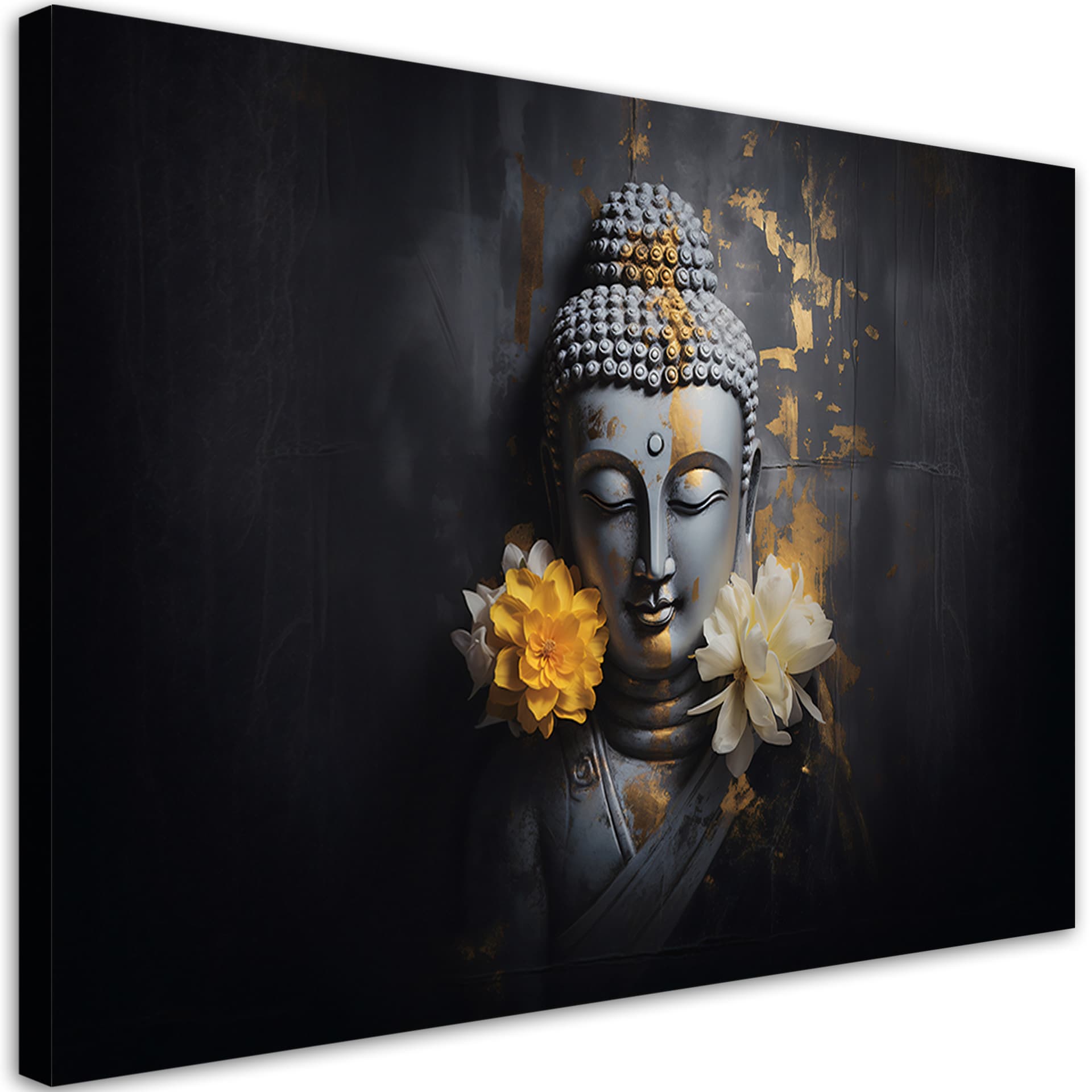 Obraz na płótnie, Szary budda i kwiaty (Rozmiar 60x40)