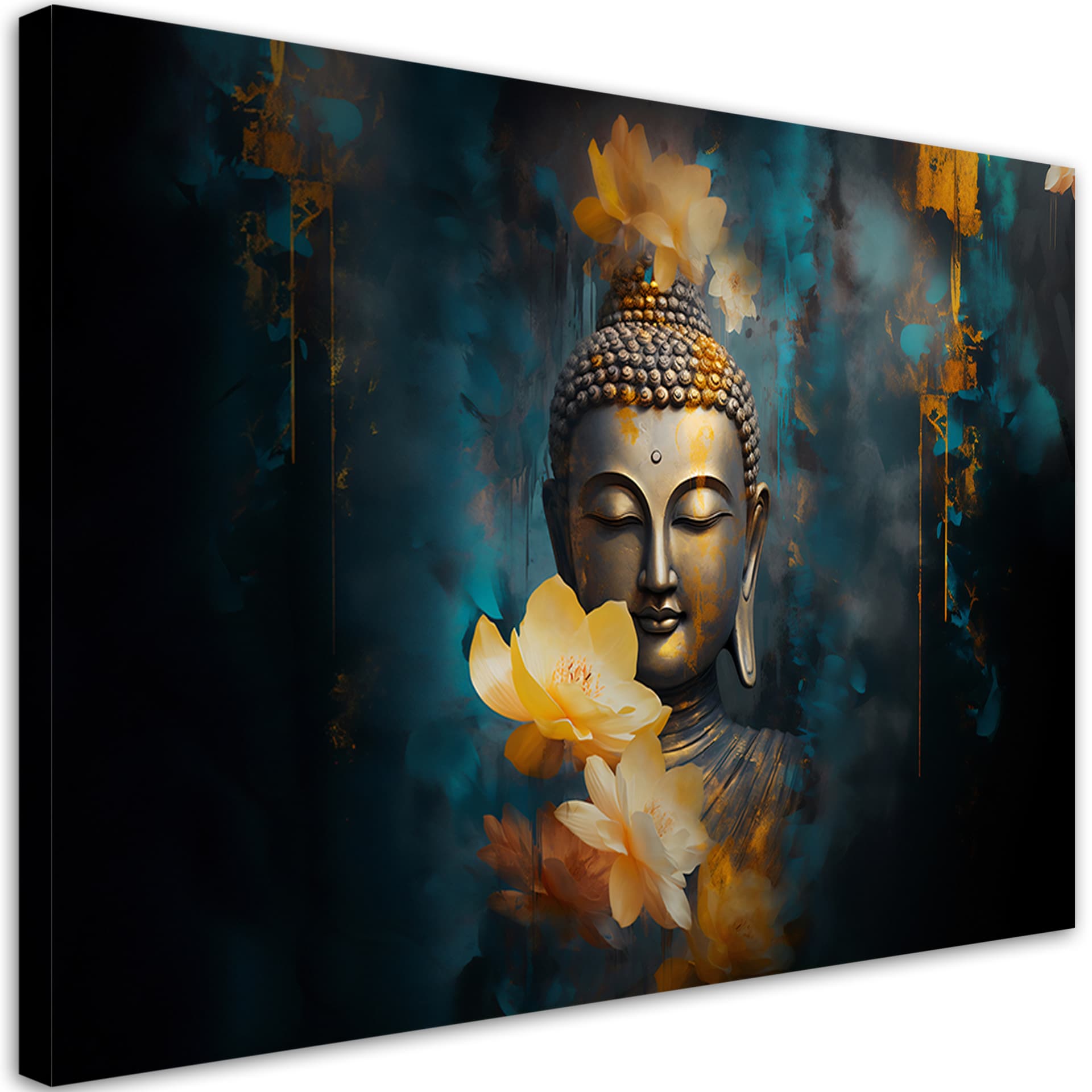 Obraz na płótnie, Budda i złote kwiaty (Rozmiar 90x60)