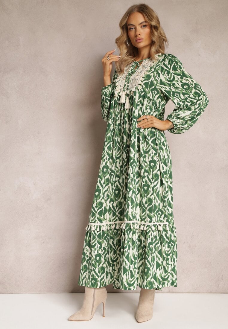 Zielona Sukienka Rozkloszowana Maxi z Falbanką Maruerilla