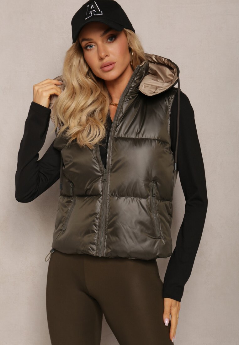 Ciemnozielona Pikowana Kamizelka z Szerokim Kapturem Wivelle