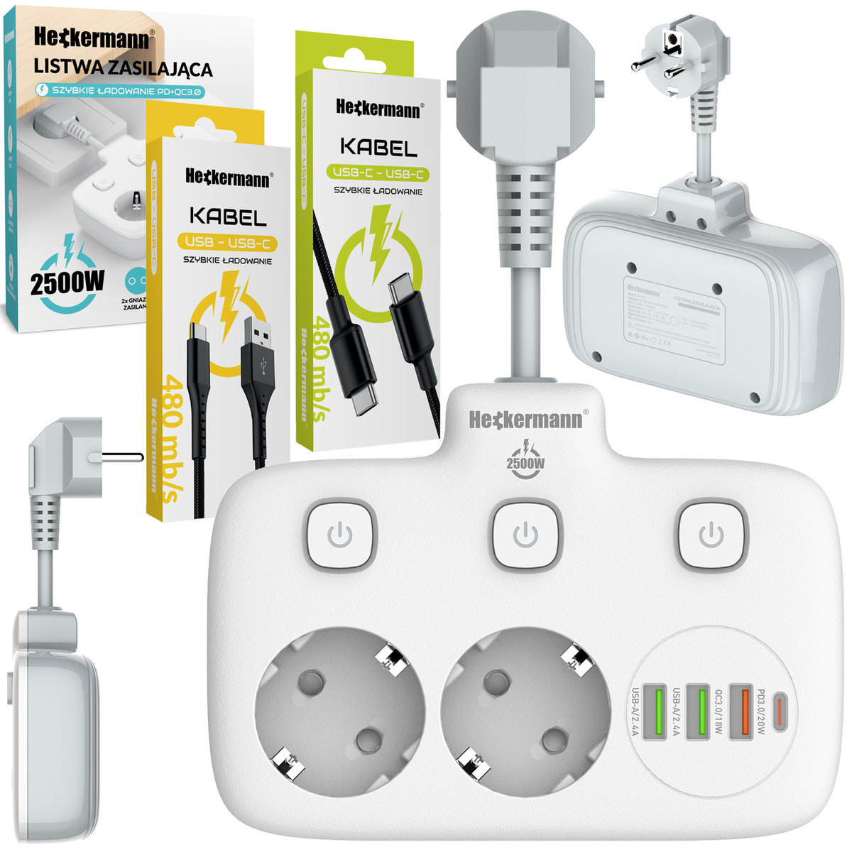 Listwa zasilająca Heckermann SE2435 + Kabel USB A-C AD-609CTS + Kabel USB C-C 610CC