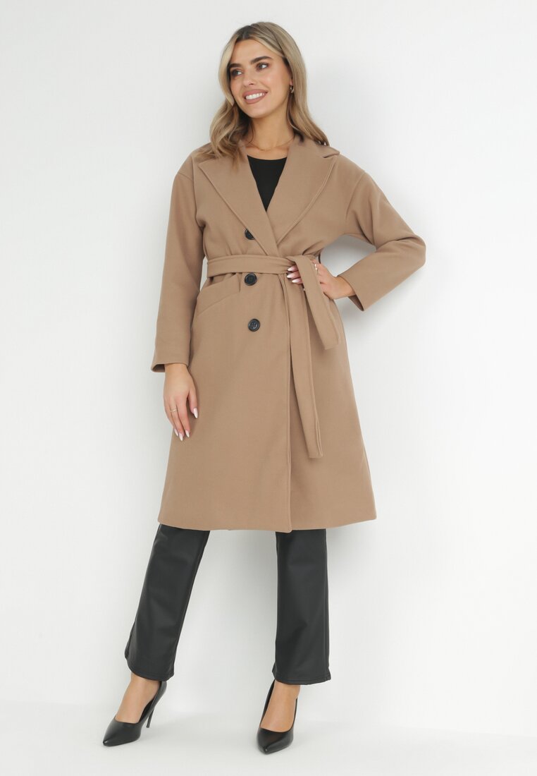 Ciemnobeżowy Płaszcz Dwurzędowy Wiązany Vepha