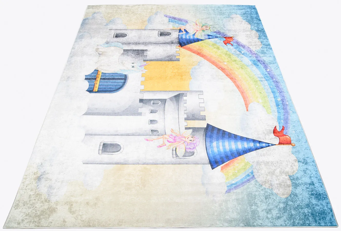 Kolorowy dywan dziecięcy z zamkiem w chmurach i tęczą C4-T99