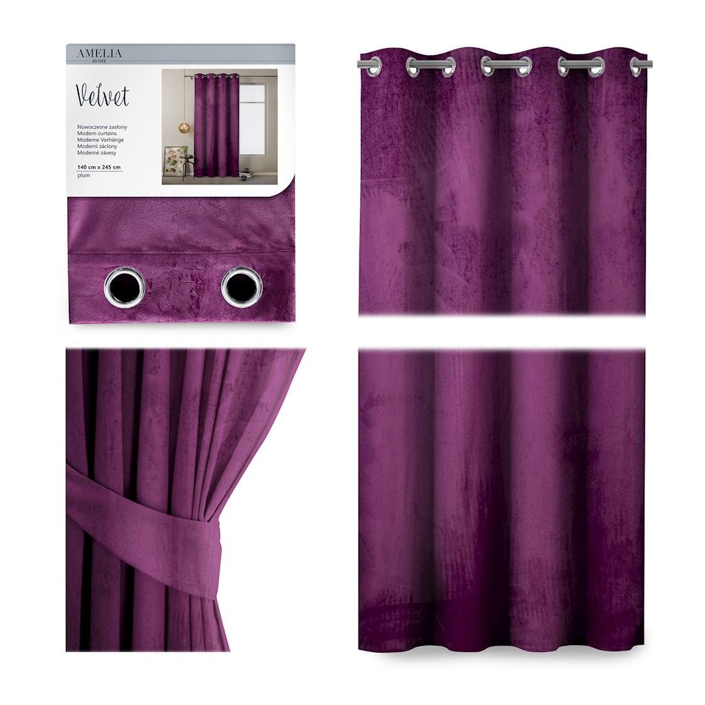 Zasłona VELVET kolor fioletowy styl klasyczny przelotki srebrne velvet 140x245 ameliahome - CURT/AH/VELVET/EYELETS/PLUM/140X245/