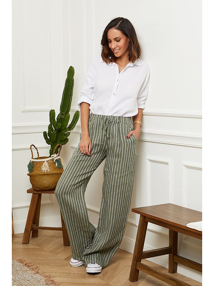 Le Monde du Lin Lniane spodnie w kolorze oliwkowym