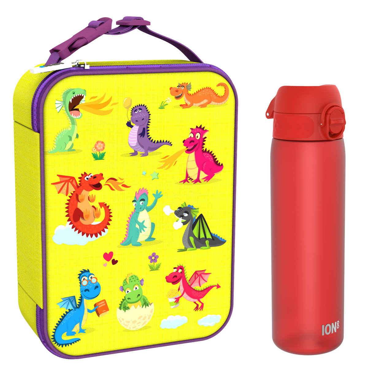 Zestaw Śniadaniowy Do Przedszkola Ion8 Dragons 5: Lunchbag I8Lbydrag I Butelka Ion8 I8Rf500Red