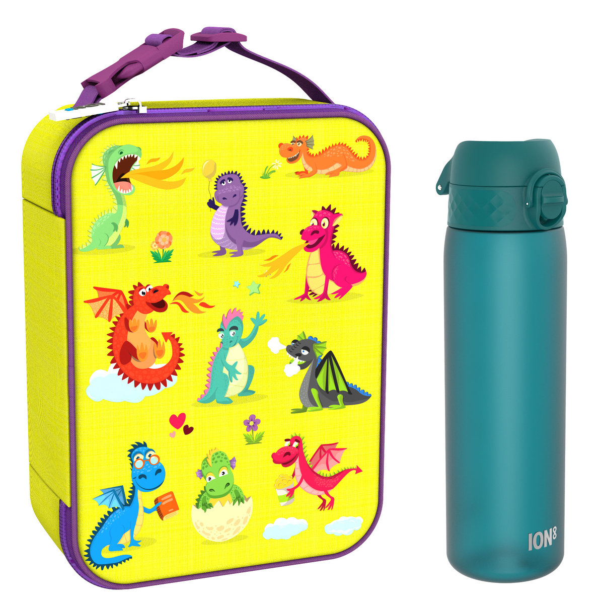 Zestaw Śniadaniowy Do Przedszkola Ion8 Dragons 13: Lunchbag I8Lbydrag I Butelka Ion8 I8Rf500Aqu